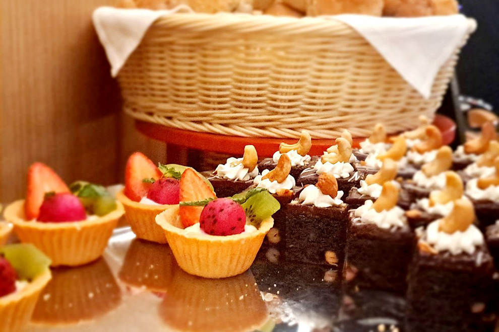 Fruit tartlets and brownies were available for dessert, along with cheesecake, crème brûlée and other delectables. Joan Zheng