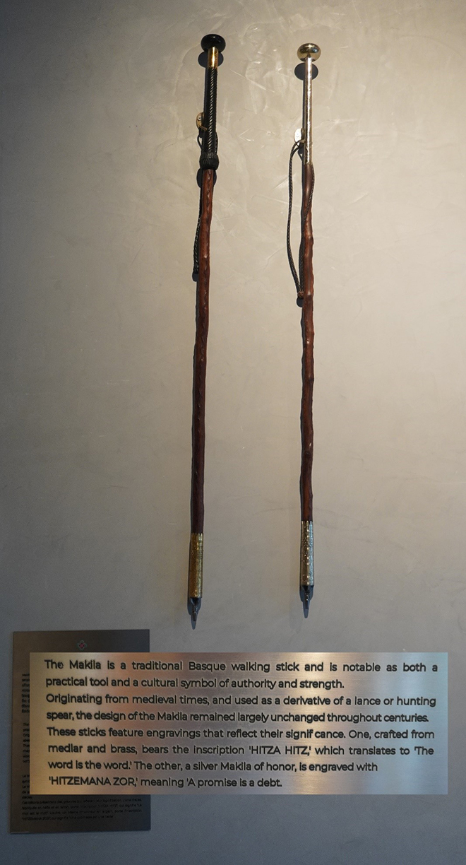 Two makilas, symbolically significant in Basque culture, hang by the entrance. The walking sticks are used as a unique part of the restaurant’s presentation of its ‘Poulet Basquaise'. Shaun Duff
