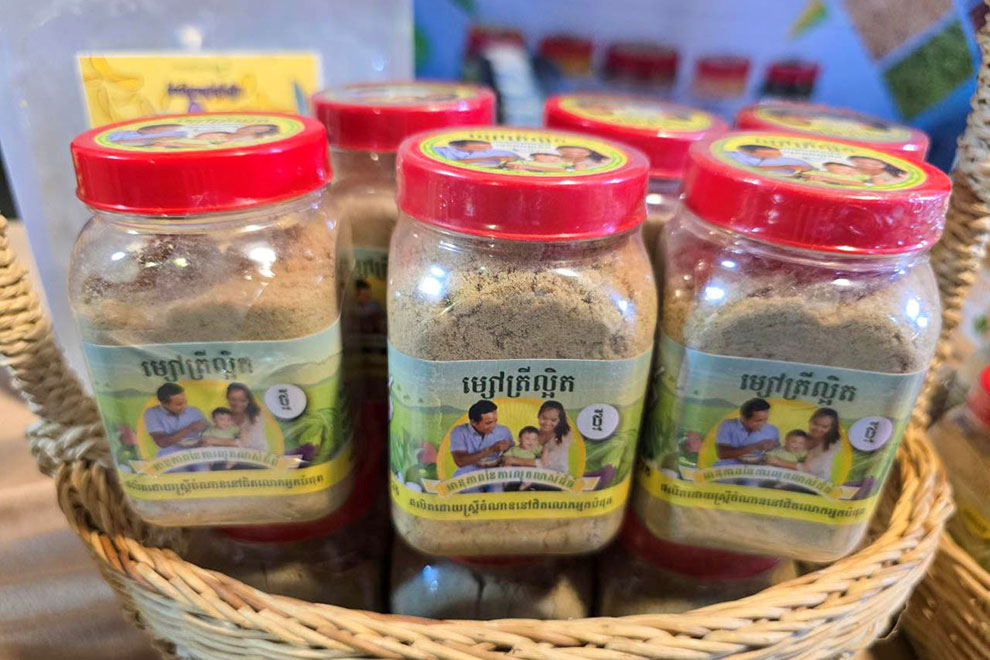 Jars of fishmeal on display at the 1st Cambodian Aquaculture Exhibition last November. Yousos Apdoulrashim