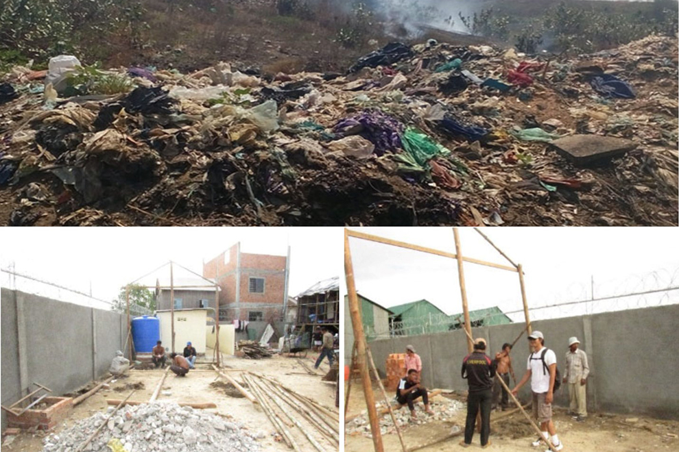 Top: Dire conditions at Stung Meanchey garbage dump previously. BELOW: Within 48 hours of inaugurating the system, villagers start building houses to live closer to the water supply. WOLPC