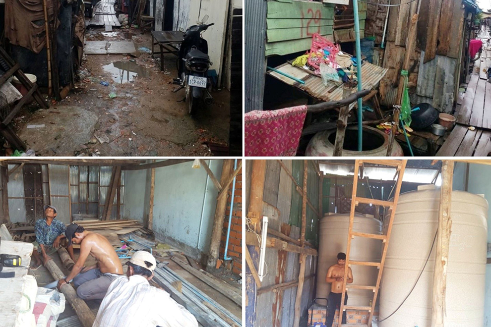 TOP: Previous conditions at Ang Dong, a makeshift village in Krang Thnong commune of Phnom Penh’s Sen Sok district for those relocated from Diamond Island. Below: Well of Life builds a filtration system to provide residents of Ang Dong with potable water. WOLPC