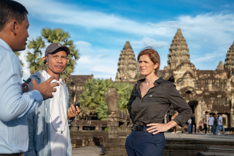 USAID administrator Samantha Power meets with union representatives and workers at the iconic Angkor Wat Temple. USAID