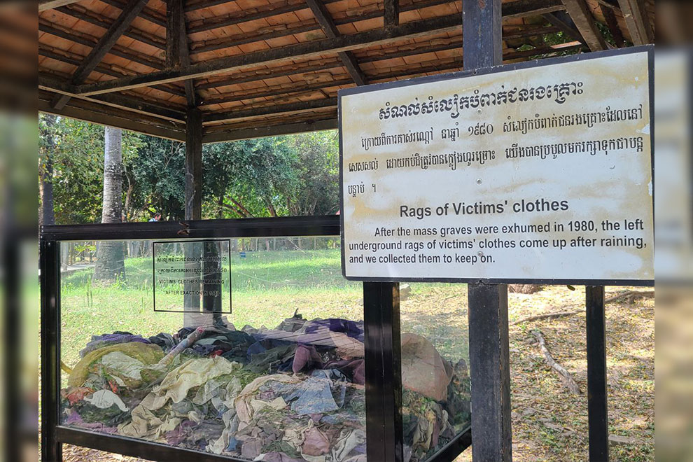 The rags of victims’ clothes on display at the Choeung Ek Genocidal Center. Hong Raksmey