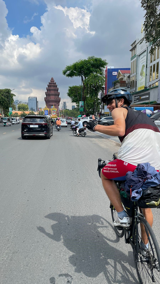 Tim rides to Independence Monument in Phnom Penh on October 16. Supplied