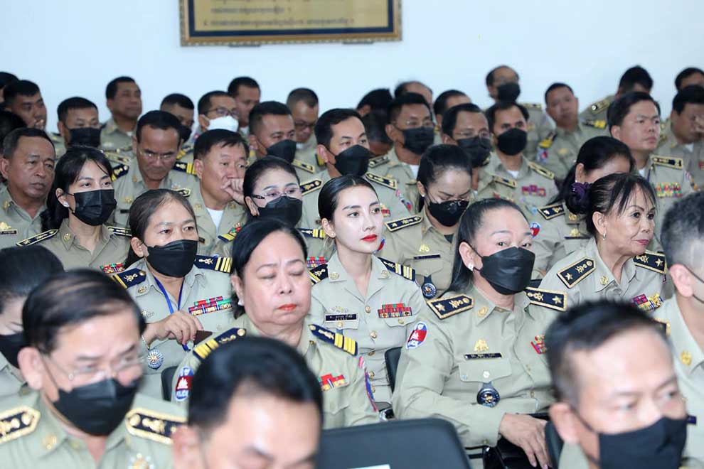 Neth Savoeun (not pictured) addresses the assembled police officials at annual meeting of the interior ministry and National Police. NATIONAL POLICE
