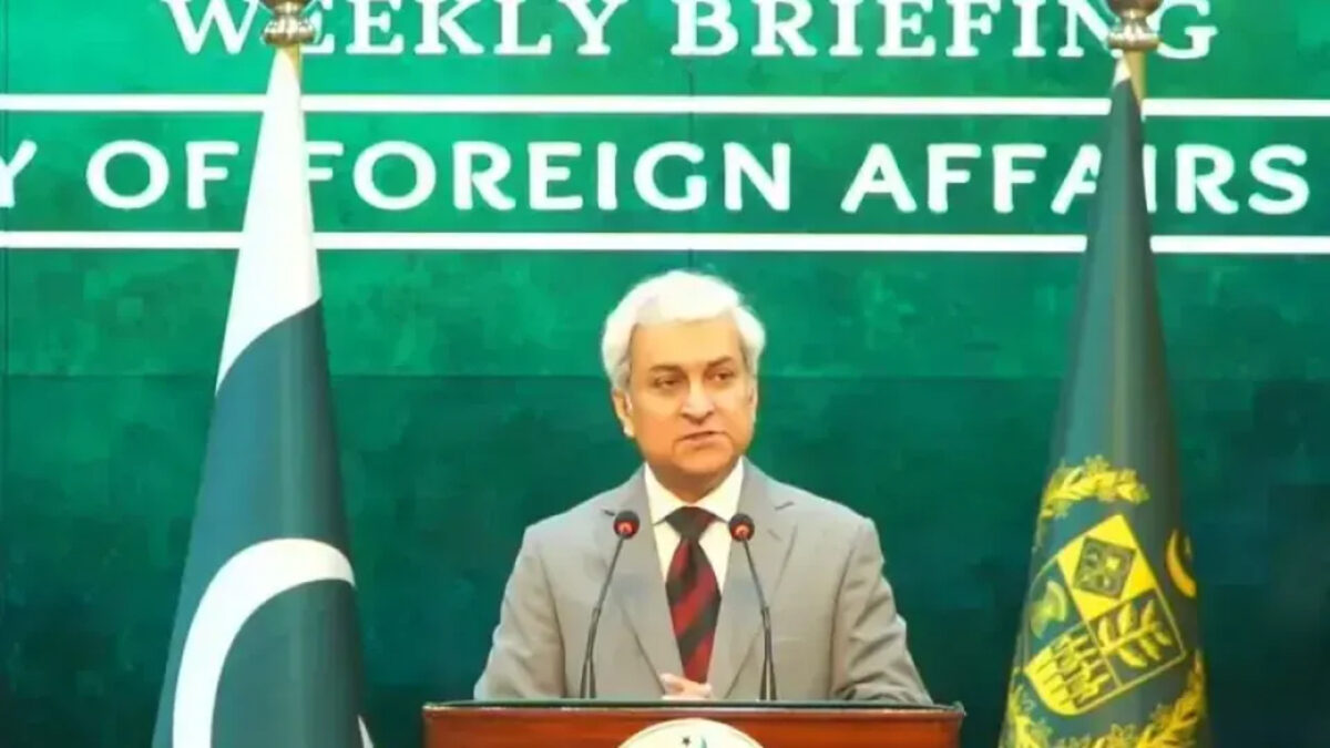FO spokesperson Tahir Andrabi addresses a weekly press briefing on Thursday, April 30. PHOTO: X/@FOREIGNOFFICEPK