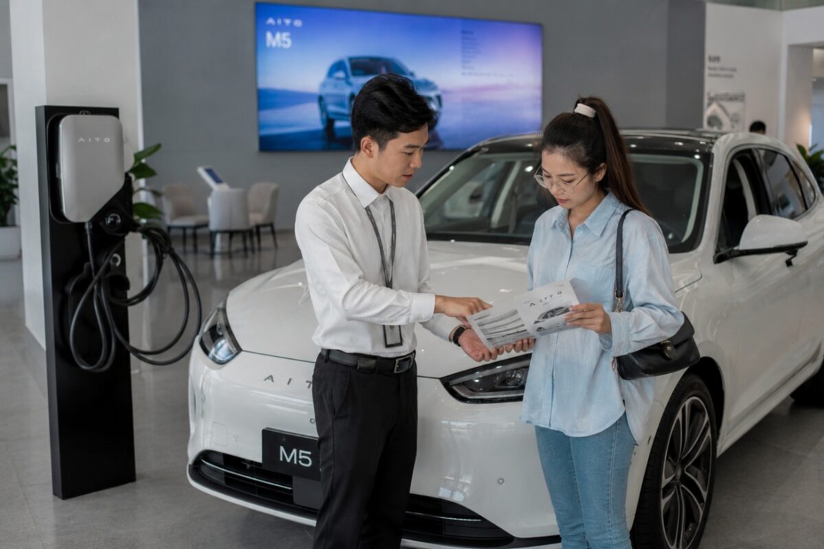 A potential customer studies the sales brochure of a new electric vehicle. Supplied